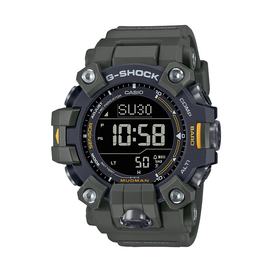 G-Shock Mudman Herrenuhr aus dunkelgrünem Resin mit schwarzem Zifferblatt und digitalen Anzeigen.