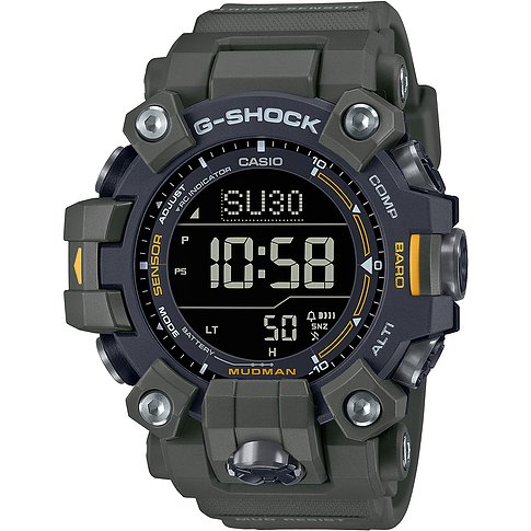 G-Shock Mudman Herrenuhr aus dunkelgrünem Resin mit schwarzem Zifferblatt und digitalen Anzeigen.
