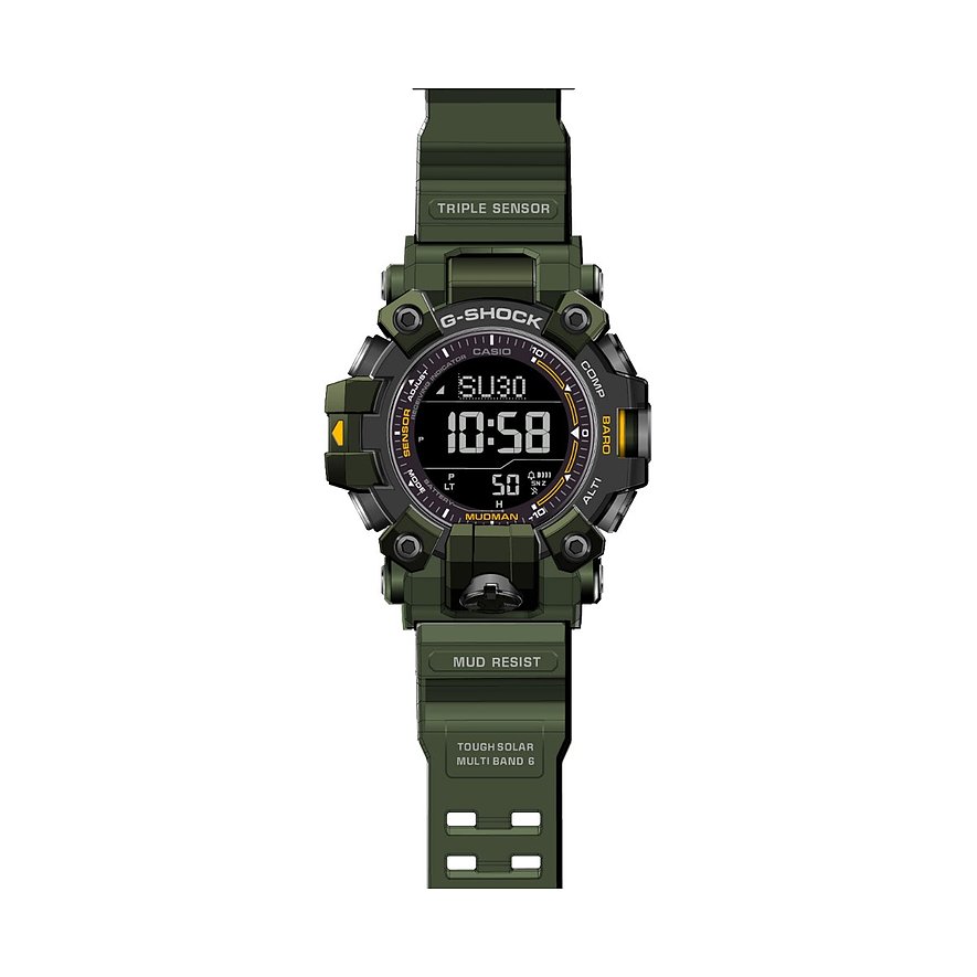 Grüne G-Shock Herrenuhr aus Resin, schräg von oben. Dunkelgrünes Gehäuse, schwarzes Zifferblatt, weiße Schrift, 10:58 Uhr. Triple Sensor.