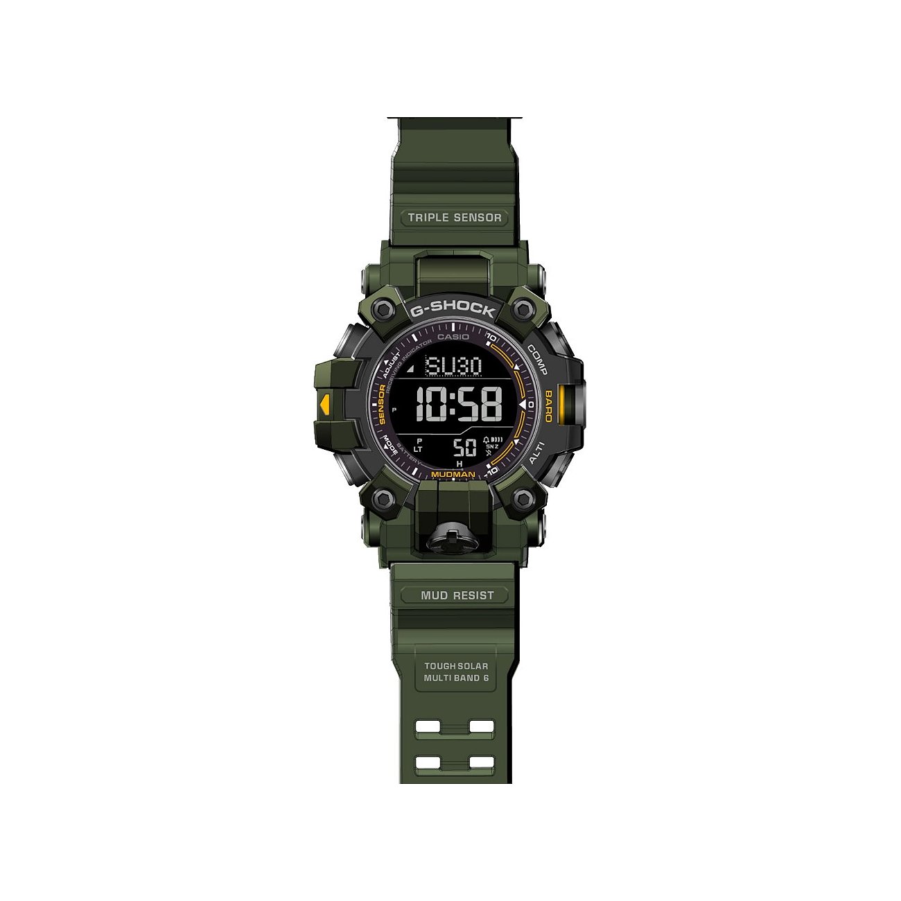 Grüne G-Shock Herrenuhr aus Resin, schräg von oben. Dunkelgrünes Gehäuse, schwarzes Zifferblatt, weiße Schrift, 10:58 Uhr. Triple Sensor.