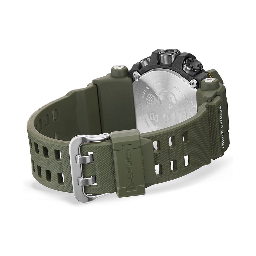 Rückansicht der grünen G-Shock Herrenuhr aus Resin mit silberner Schnalle und gravierter Rückseite.
