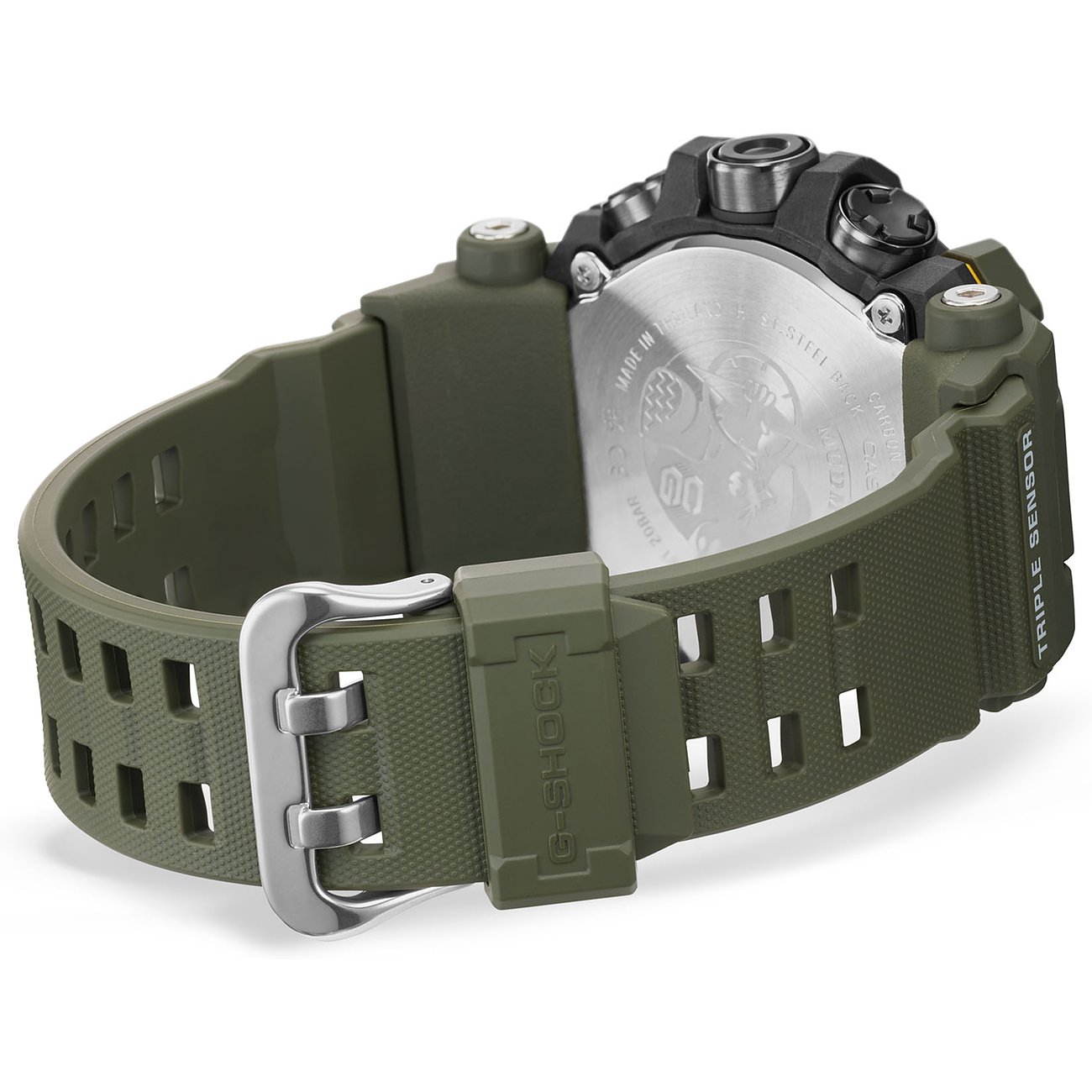 Rückansicht der grünen G-Shock Herrenuhr aus Resin mit silberner Schnalle und gravierter Rückseite.
