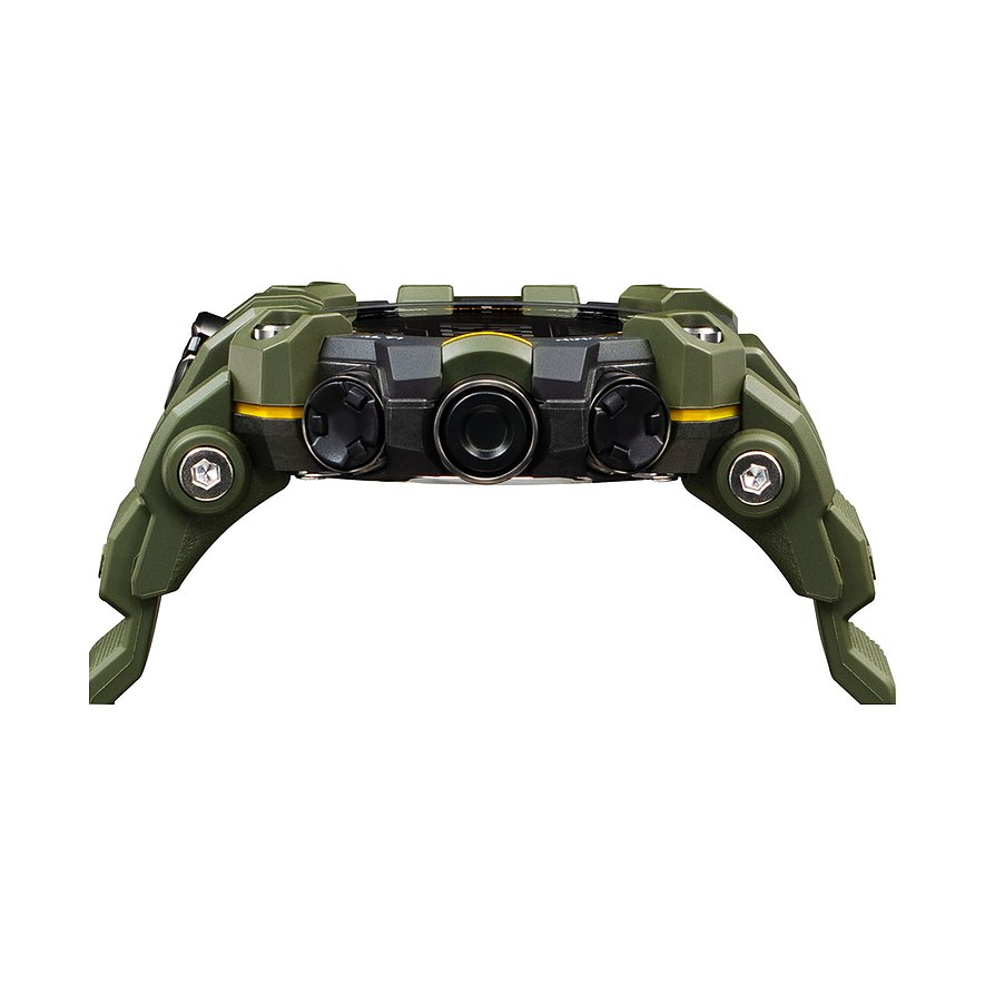 G-Shock Herrenuhr aus Resin, von der Seite gesehen. Das grüne Uhrengehäuse hat schwarze Knöpfe und gelbe Akzente.