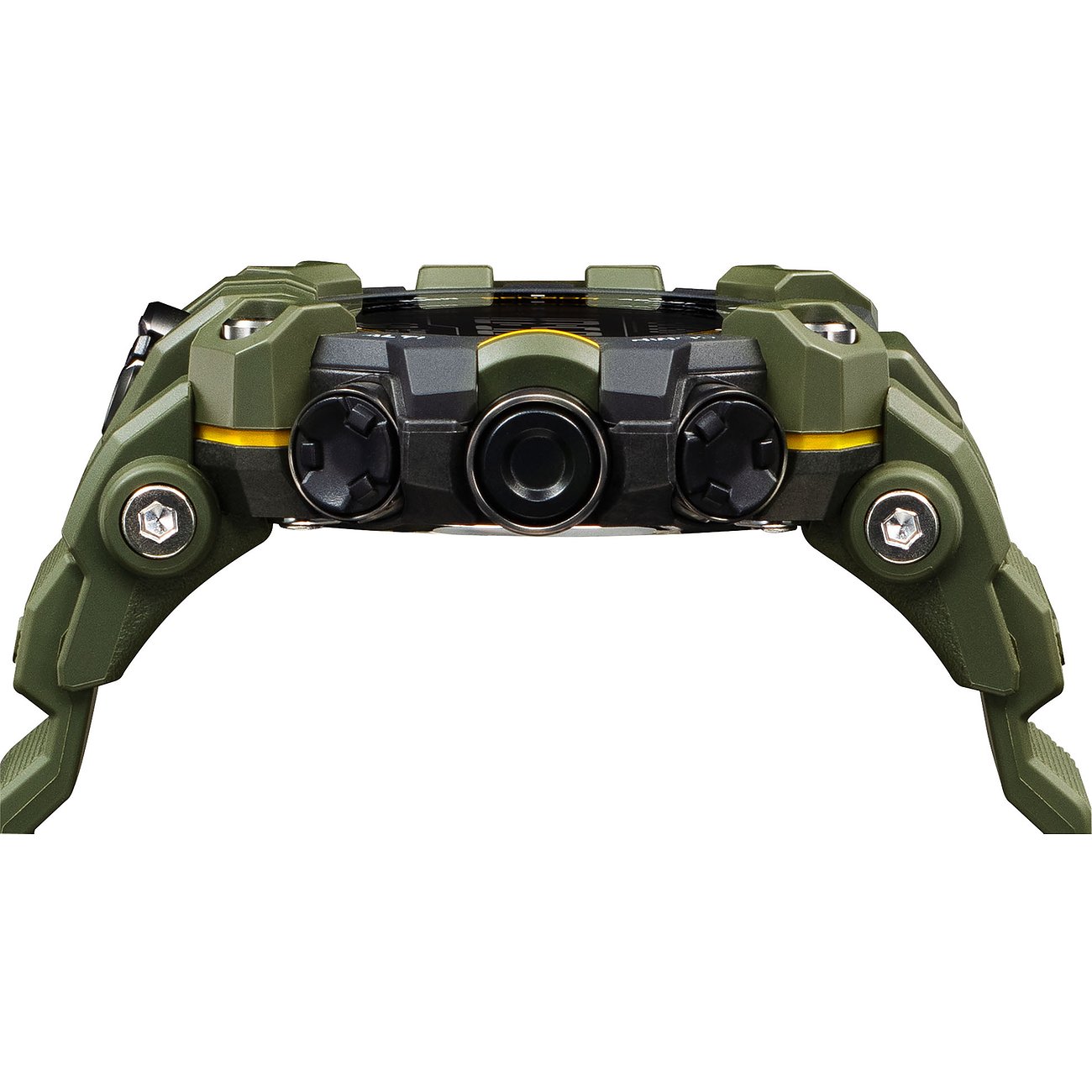 G-Shock Herrenuhr aus Resin, von der Seite gesehen. Das grüne Uhrengehäuse hat schwarze Knöpfe und gelbe Akzente.