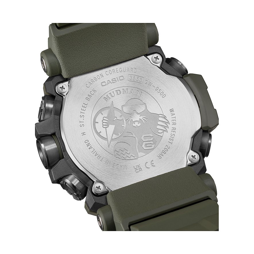 Rückseite einer G-Shock Herrenuhr aus Resin, die wichtige Informationen und eine