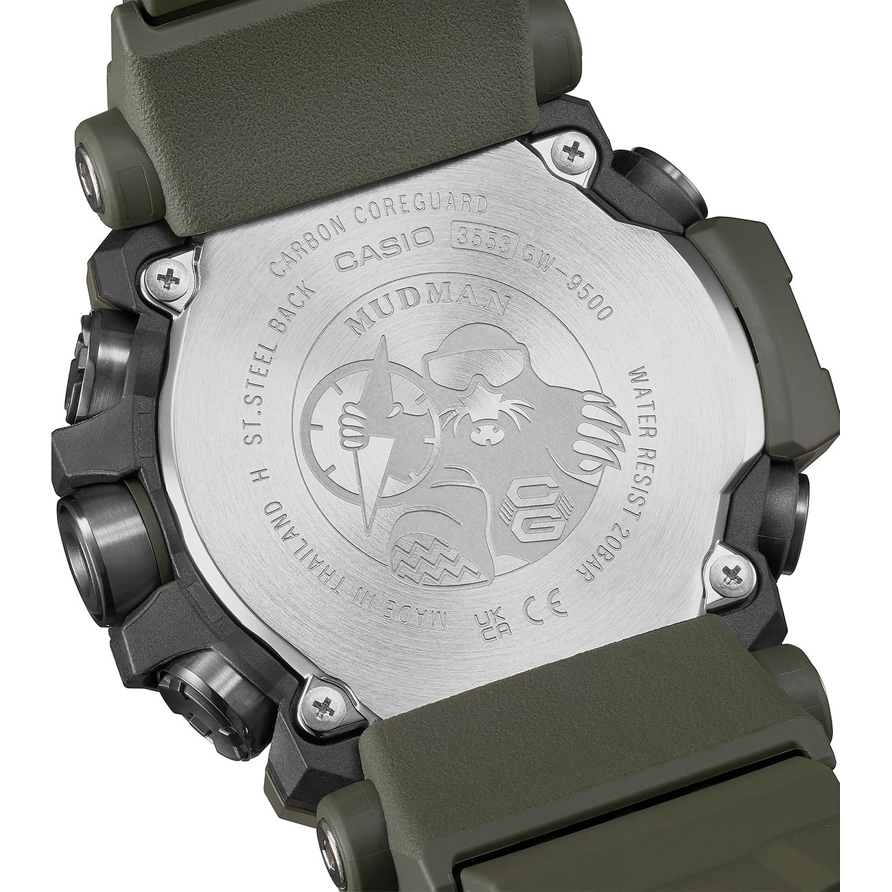 Rückseite einer G-Shock Herrenuhr aus Resin, die wichtige Informationen und eine
