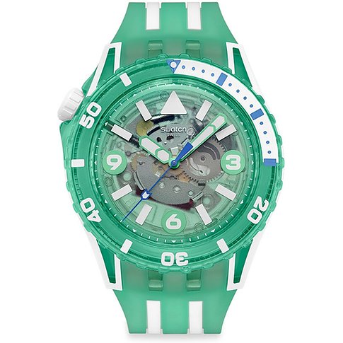 Swatch unisexur i gennemsigtig grøn plastik med transparent urskive, der viser urværket.