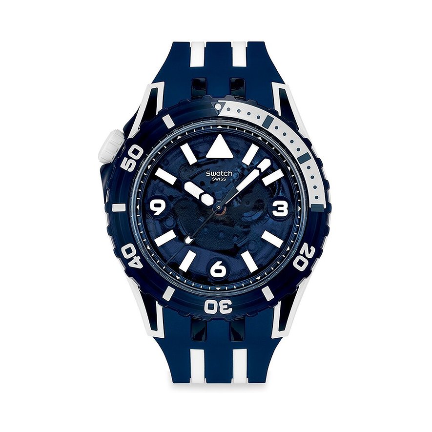 Dunkelblaue Swatch Unisexuhr aus Kunststoff mit weißem Armband, transparentem Zifferblatt und leuchtenden Markierungen.