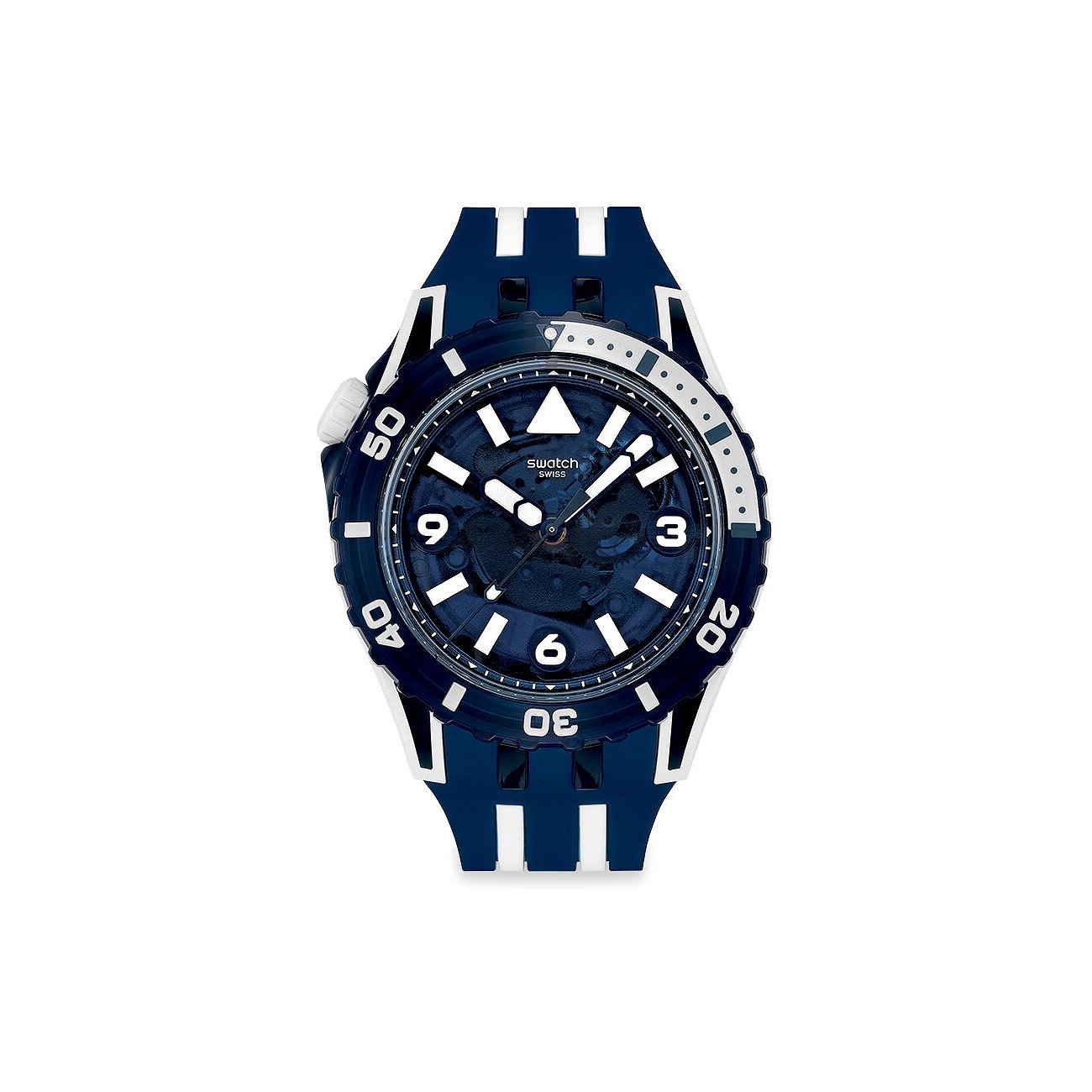 Dunkelblaue Swatch Unisexuhr aus Kunststoff mit weißem Armband, transparentem Zifferblatt und leuchtenden Markierungen.