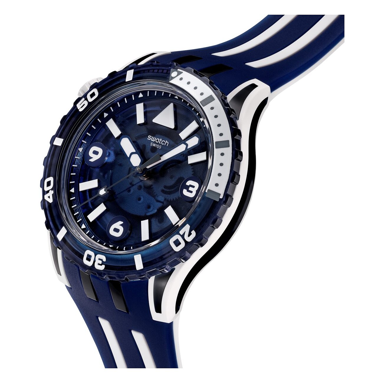 Swatch Unisexuhr aus Kunststoff mit dunkelblauem Zifferblatt, Ziffern und blau-weißem Armband, schräg von oben.
