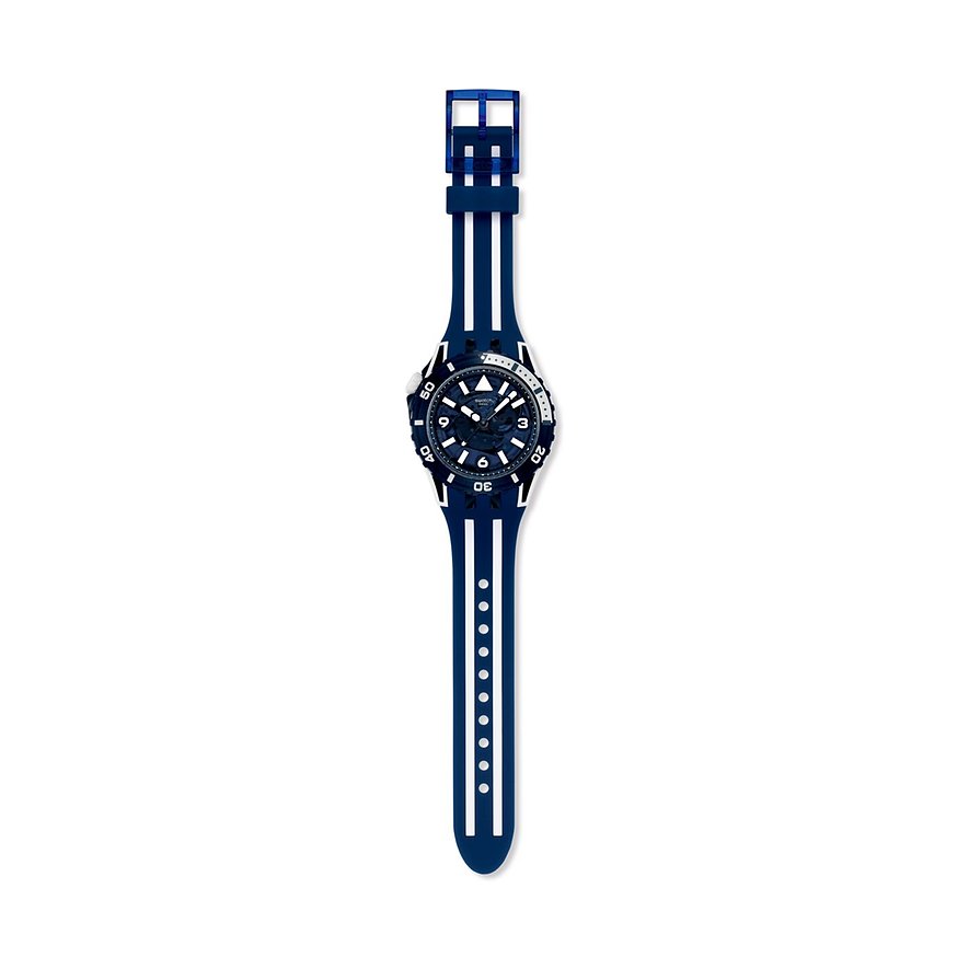 Swatch Unisexuhr aus blauem Kunststoff mit hellem Zifferblatt, silbernen Markierungen und blauer Lünette.