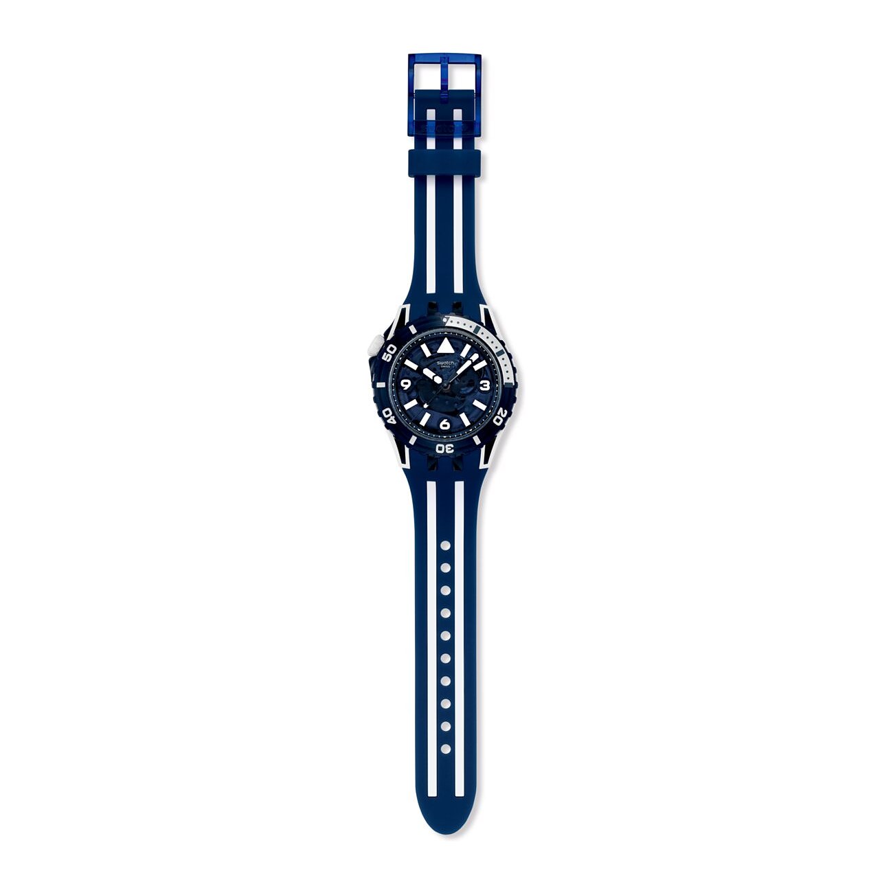 Swatch Unisexuhr aus blauem Kunststoff mit hellem Zifferblatt, silbernen Markierungen und blauer Lünette.