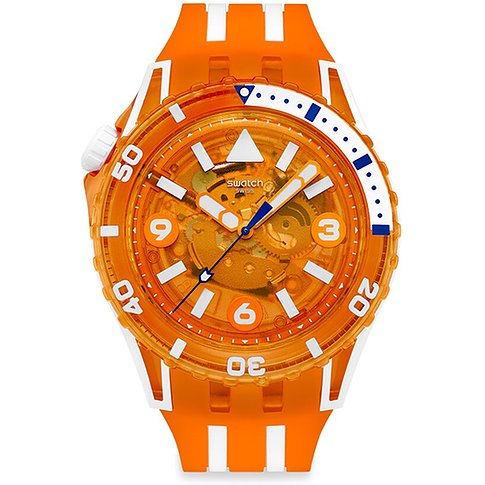 Swatch unisexur i orange plast med orange-hvid rem og gennemsigtig urskive.