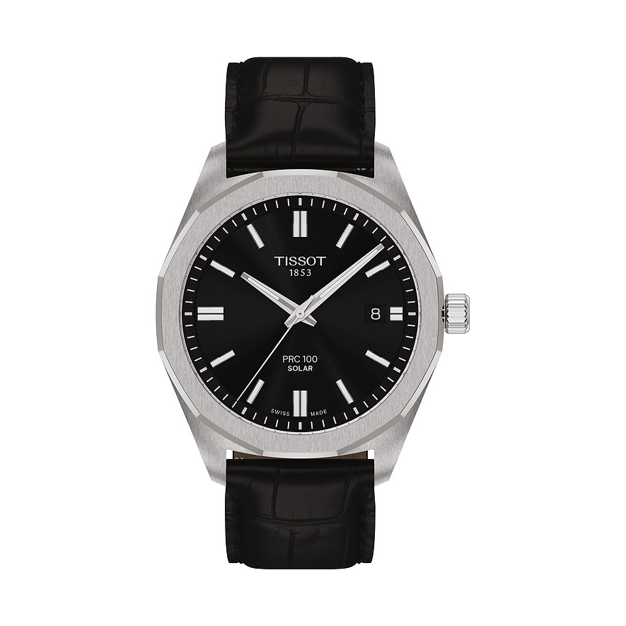 Tissot Herrenuhr, schwarzes Zifferblatt und silberfarbenes Edelstahlgehäuse, schwarzes Lederarmband.