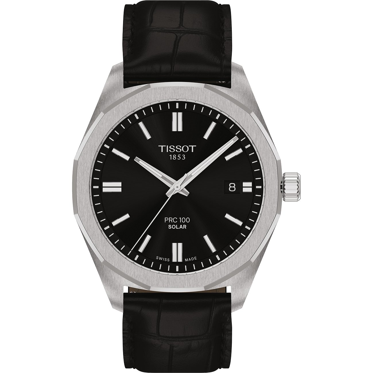 Tissot Herrenuhr, schwarzes Zifferblatt und silberfarbenes Edelstahlgehäuse, schwarzes Lederarmband.