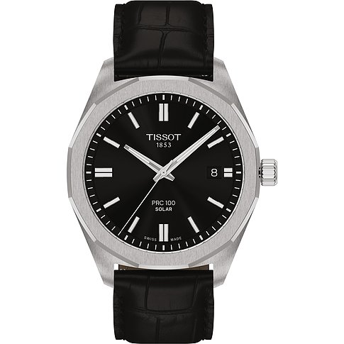 Tissot Herrenuhr, schwarzes Zifferblatt und silberfarbenes Edelstahlgehäuse, schwarzes Lederarmband.