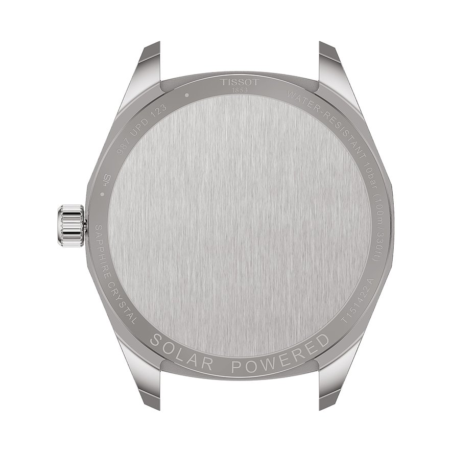 Rückseite einer Tissot Herrenuhr aus Edelstahl, gebürstet, mit eingravierten Details wie „SOLAR POWERED“.