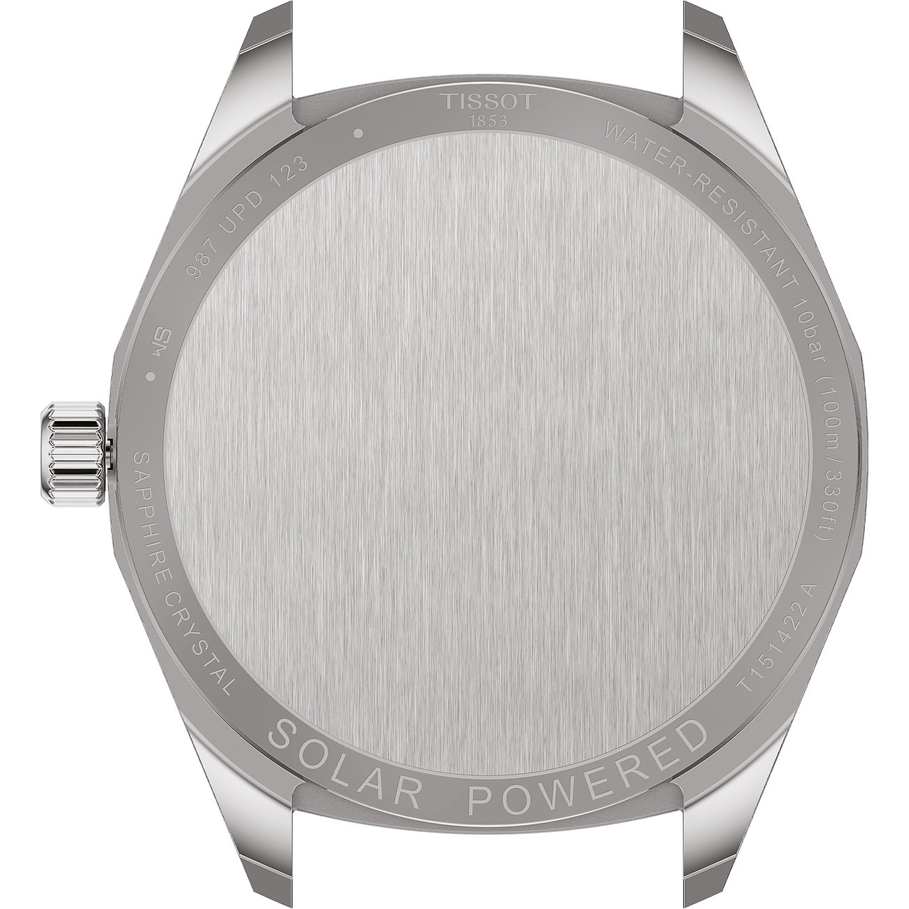 Rückseite einer Tissot Herrenuhr aus Edelstahl, gebürstet, mit eingravierten Details wie „SOLAR POWERED“.