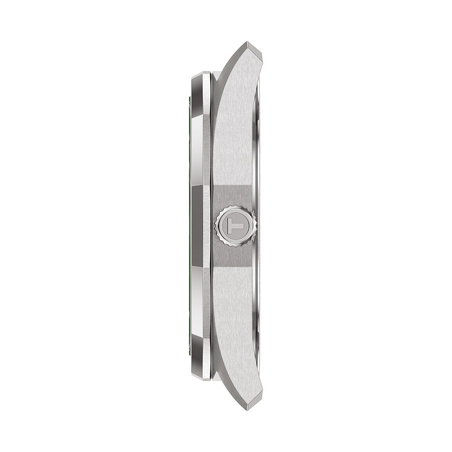 Seitenansicht einer Tissot Herrenuhr aus satiniertem Edelstahl mit Krone und Gehäuse im Profil.