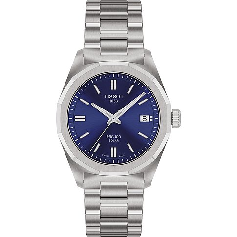 Tissot Unisexuhr aus Edelstahl mit einem blauen Zifferblatt und einem Datumsfenster bei drei Uhr.