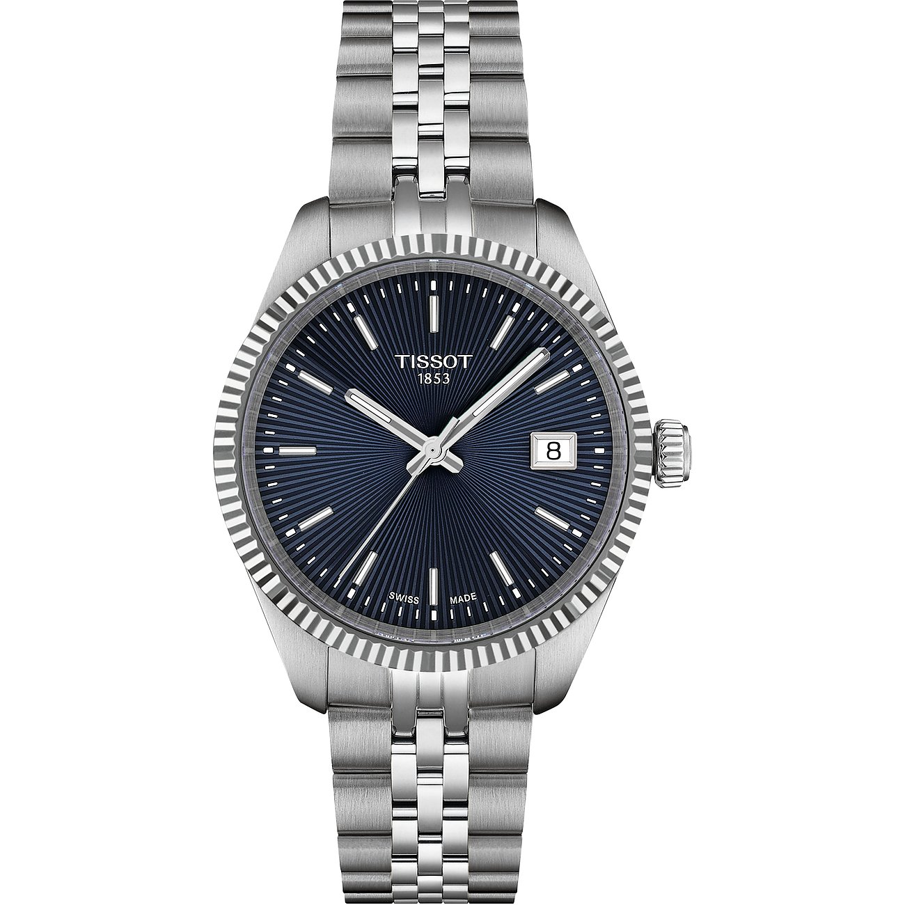 Tissot Damenuhr aus Edelstahl mit einem runden Zifferblatt in tiefem Blau und einem strukturierten Gehäuserand.