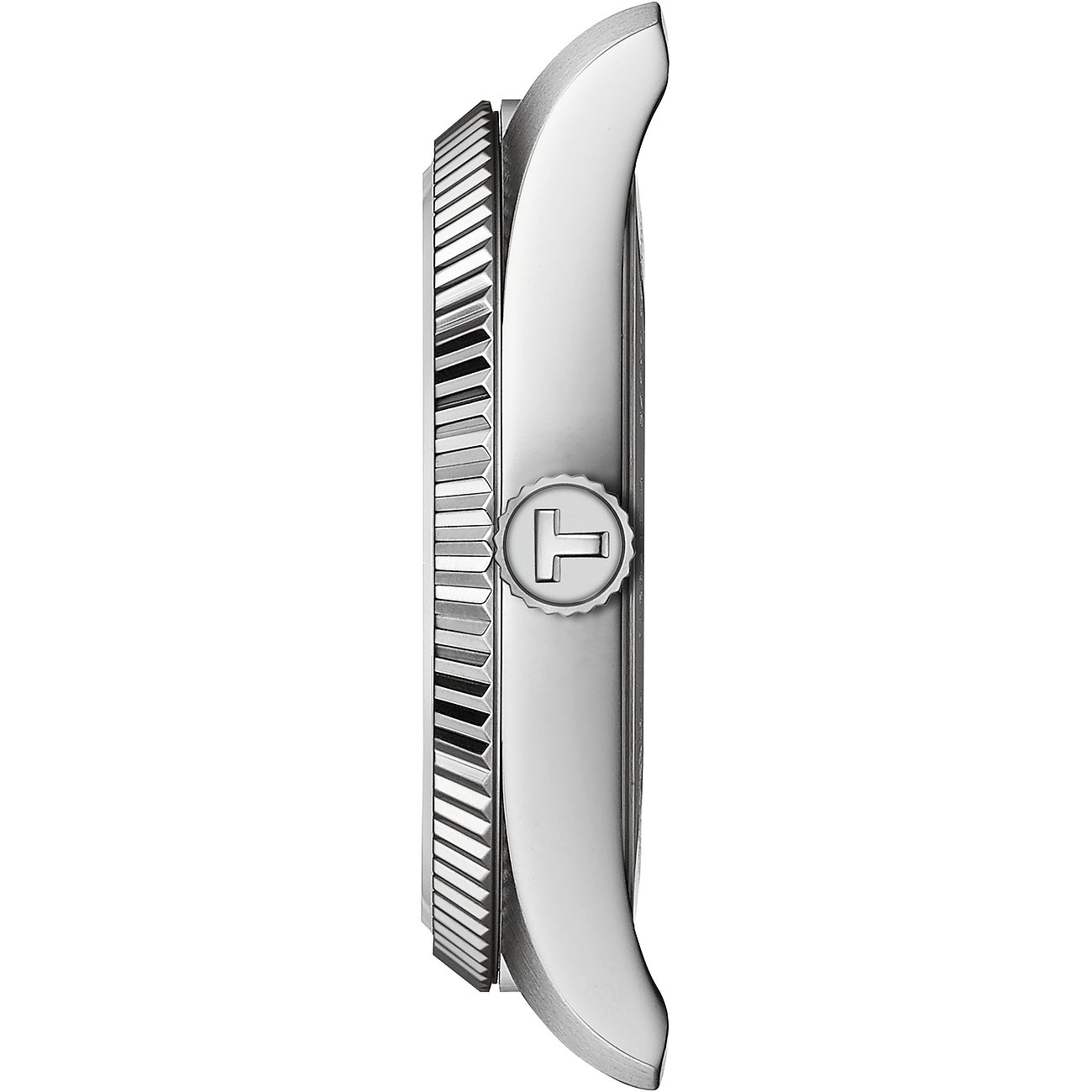 Seitenansicht einer Tissot Damenuhr aus Edelstahl mit geriffelter Lünette und T-Logo auf der Krone.