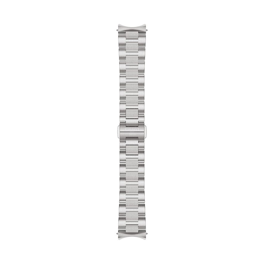 Tissot Damenuhr-Armband aus Edelstahl, das in der Mitte eine Schließe mit Tissot-Logo zeigt.