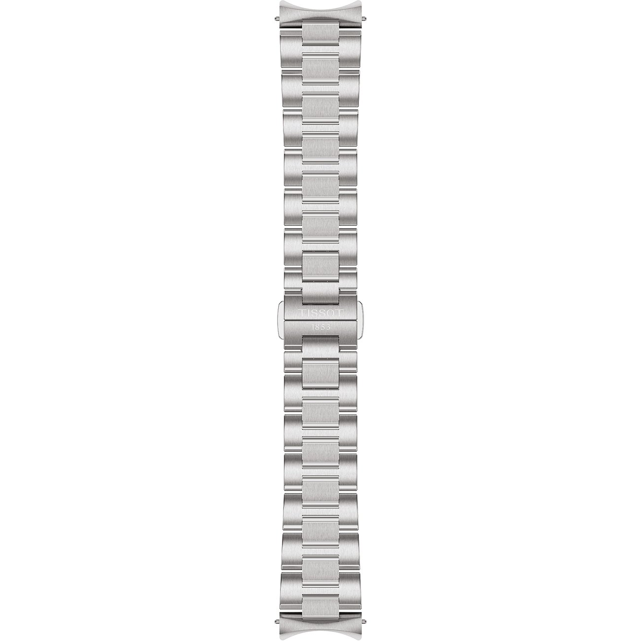 Tissot Damenuhr-Armband aus Edelstahl, das in der Mitte eine Schließe mit Tissot-Logo zeigt.