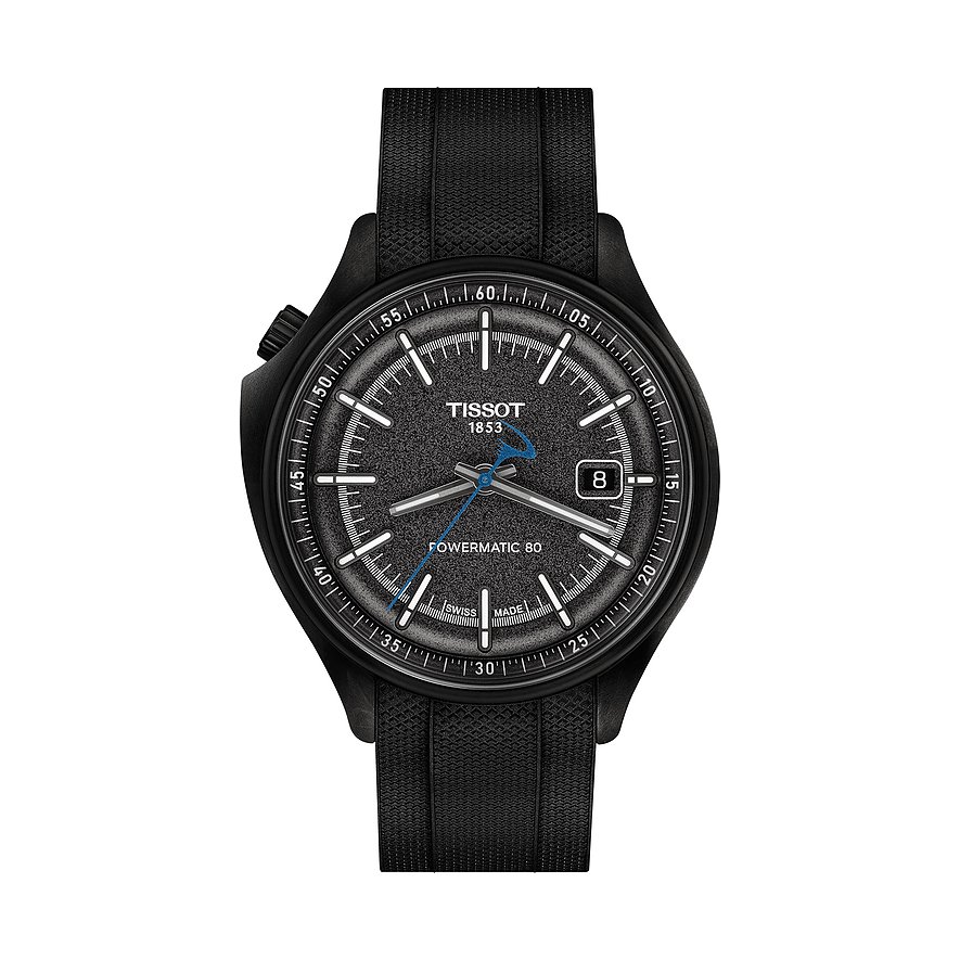 Tissot Herrenuhr aus schwarzem Edelstahl mit schwarzem Zifferblatt und schwarzem Band, Datumsanzeige.