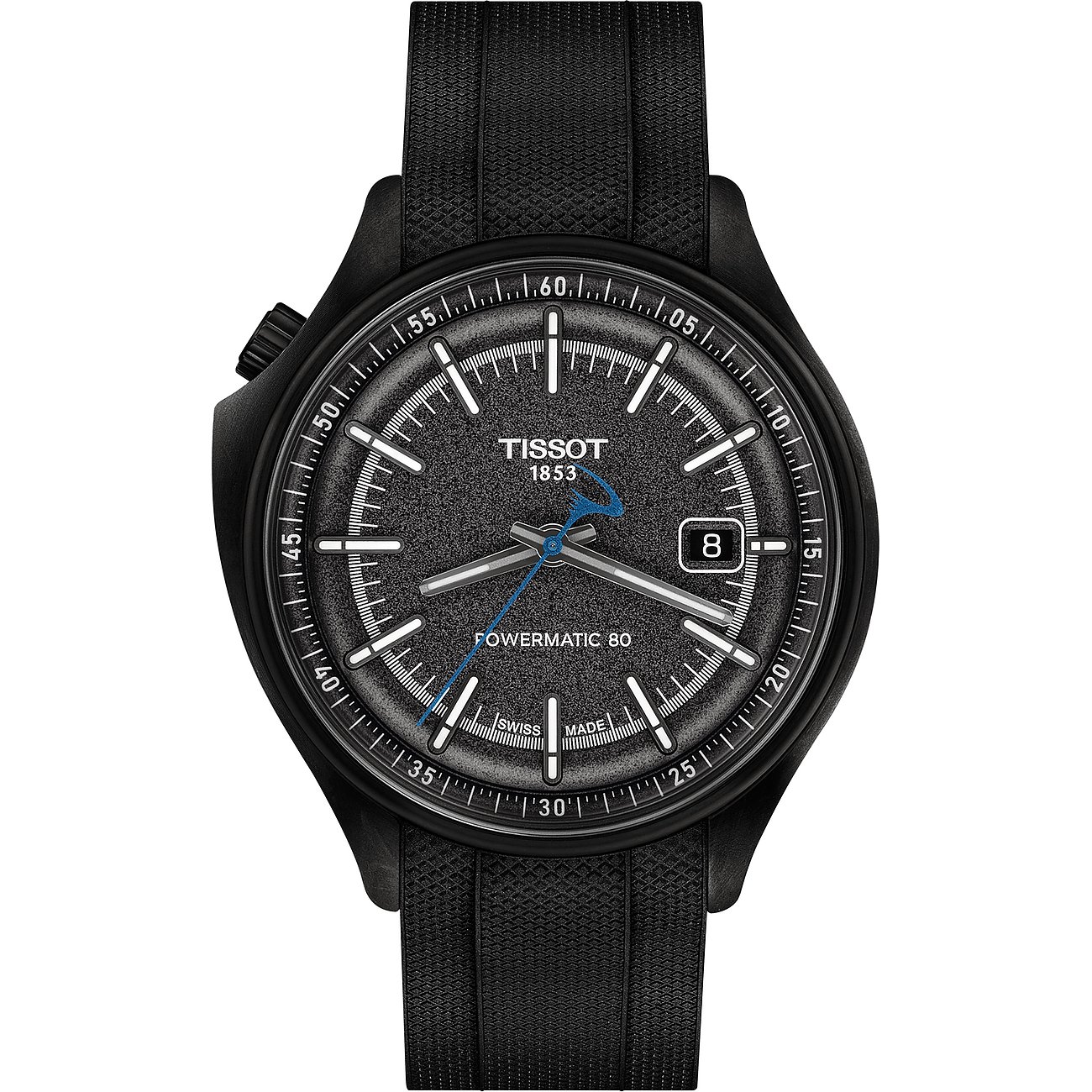 Tissot Herrenuhr aus schwarzem Edelstahl mit schwarzem Zifferblatt und schwarzem Band, Datumsanzeige.