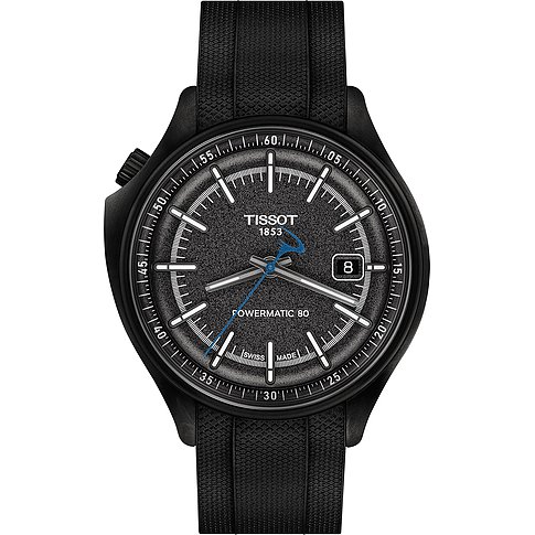 Tissot Herrenuhr aus schwarzem Edelstahl mit schwarzem Zifferblatt und schwarzem Band, Datumsanzeige.