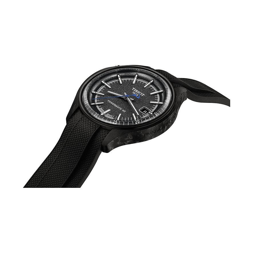Nahaufnahme der Tissot Herrenuhr aus blauem und schwarzem Edelstahl auf weißem Hintergrund, schräg von oben.