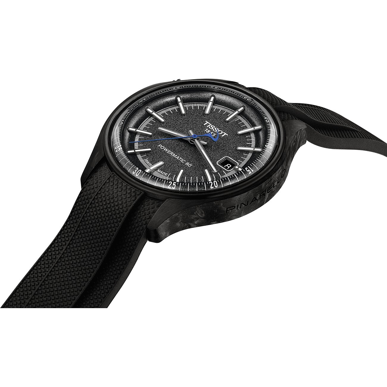 Nahaufnahme der Tissot Herrenuhr aus blauem und schwarzem Edelstahl auf weißem Hintergrund, schräg von oben.