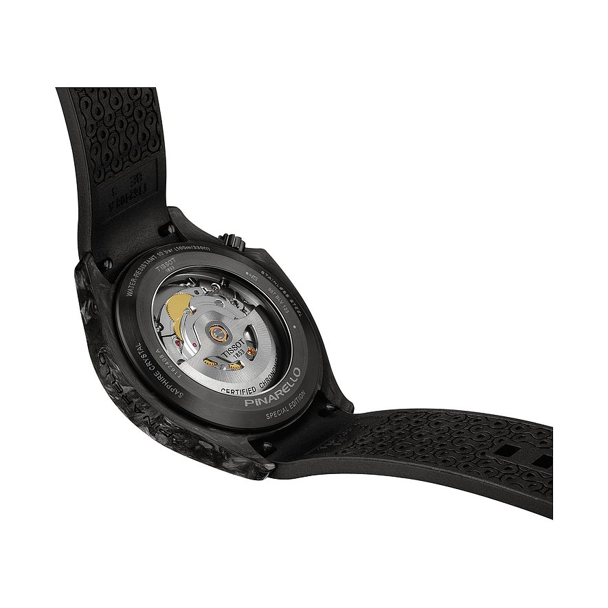 Rückseite einer Tissot Herrenuhr aus Edelstahl mit offenem, sichtbaren Uhrwerk und schwarzem Armband.