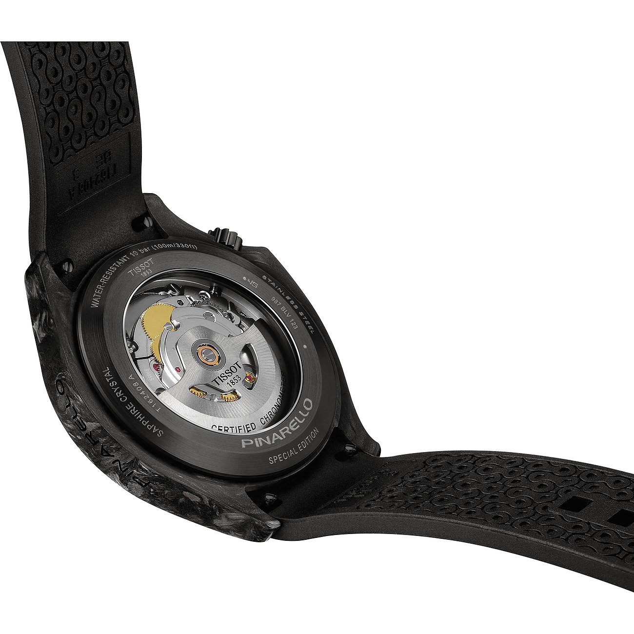 Rückseite einer Tissot Herrenuhr aus Edelstahl mit offenem, sichtbaren Uhrwerk und schwarzem Armband.