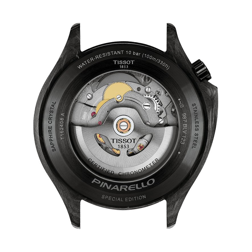 Rückseite einer Tissot Herrenuhr aus Edelstahl, Blick auf das detaillierte Uhrwerk und die Gravuren.