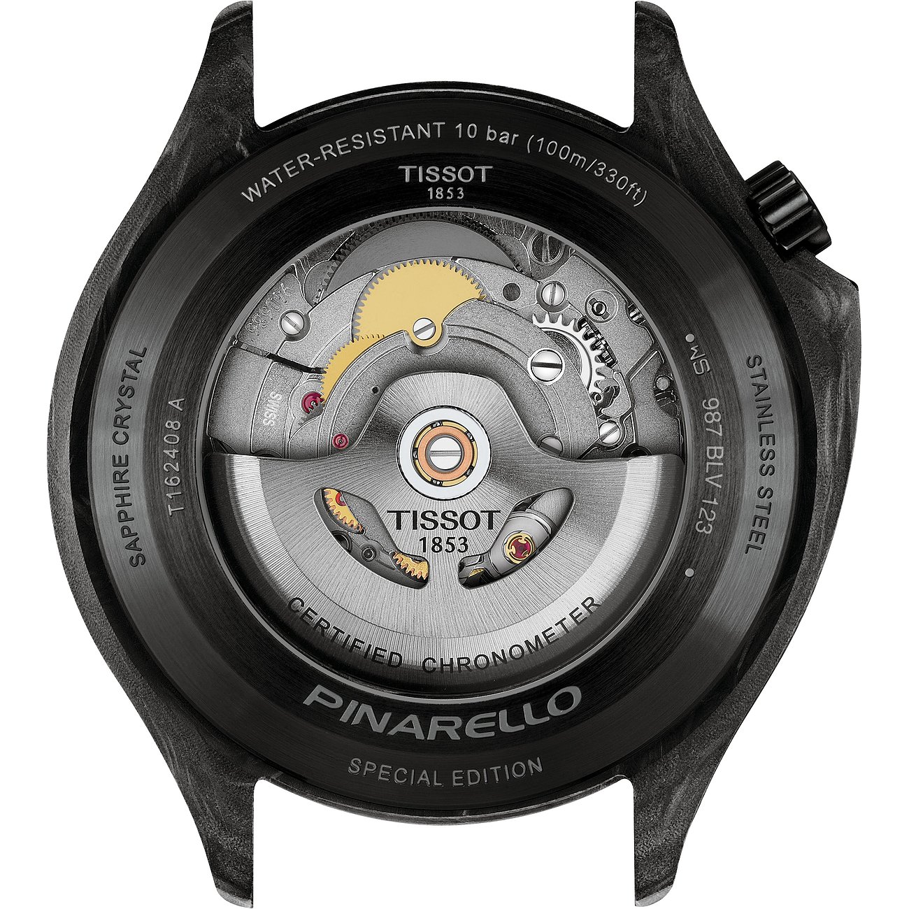 Rückseite einer Tissot Herrenuhr aus Edelstahl, Blick auf das detaillierte Uhrwerk und die Gravuren.