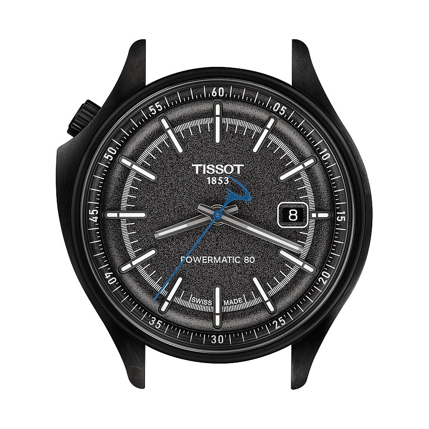 Nahaufnahme der Tissot Herrenuhr aus Edelstahl mit schwarzem Zifferblatt und silbernen Zeigern.