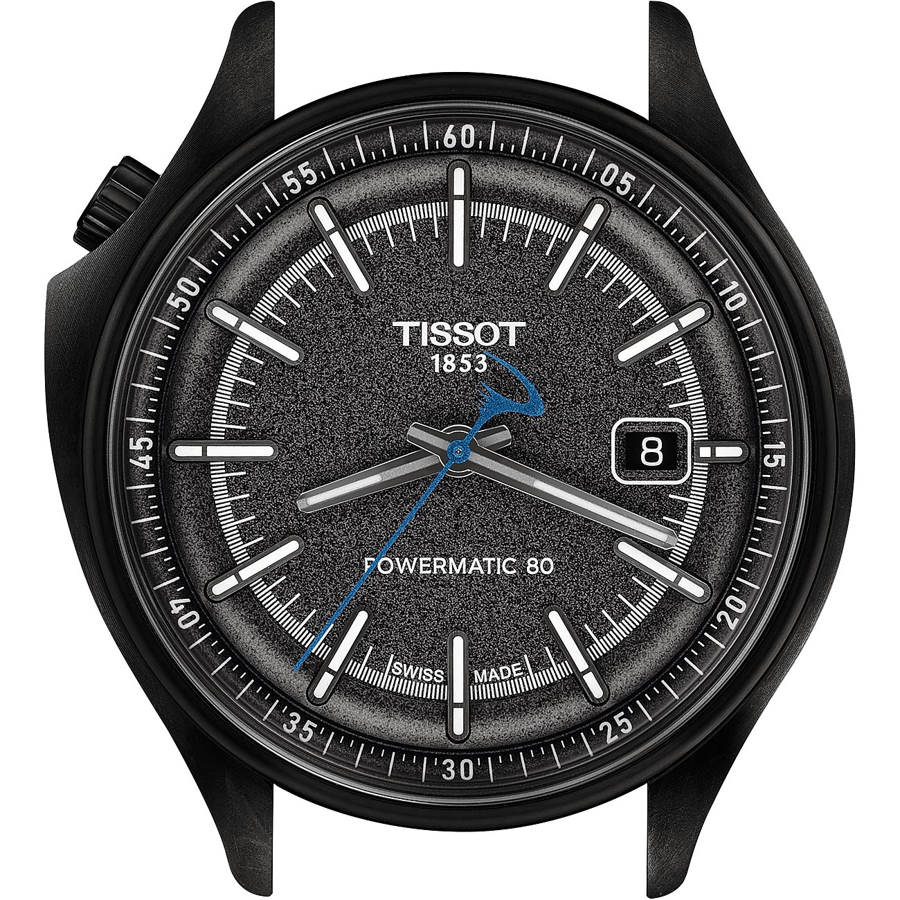 Nahaufnahme der Tissot Herrenuhr aus Edelstahl mit schwarzem Zifferblatt und silbernen Zeigern.