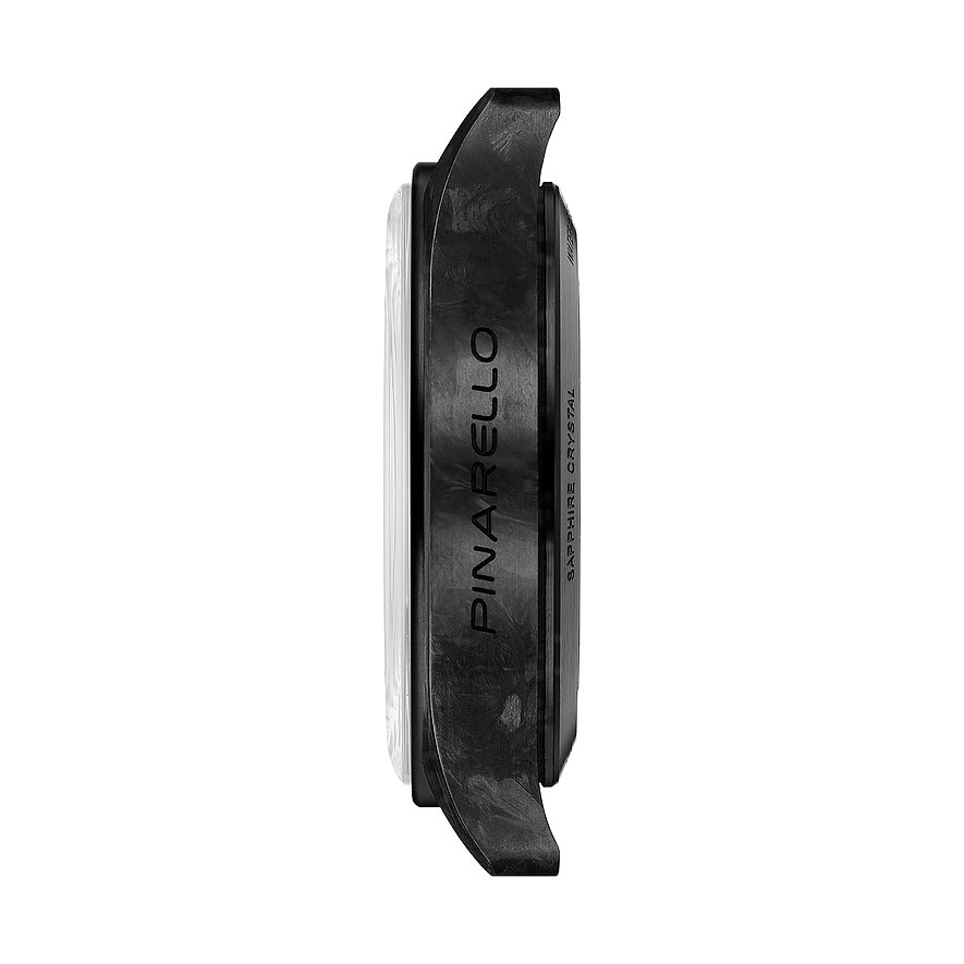 Seitenansicht der Tissot Herrenuhr aus Edelstahl mit dem Schriftzug „PINARELLO“ vertikal auf dem Gehäuse.