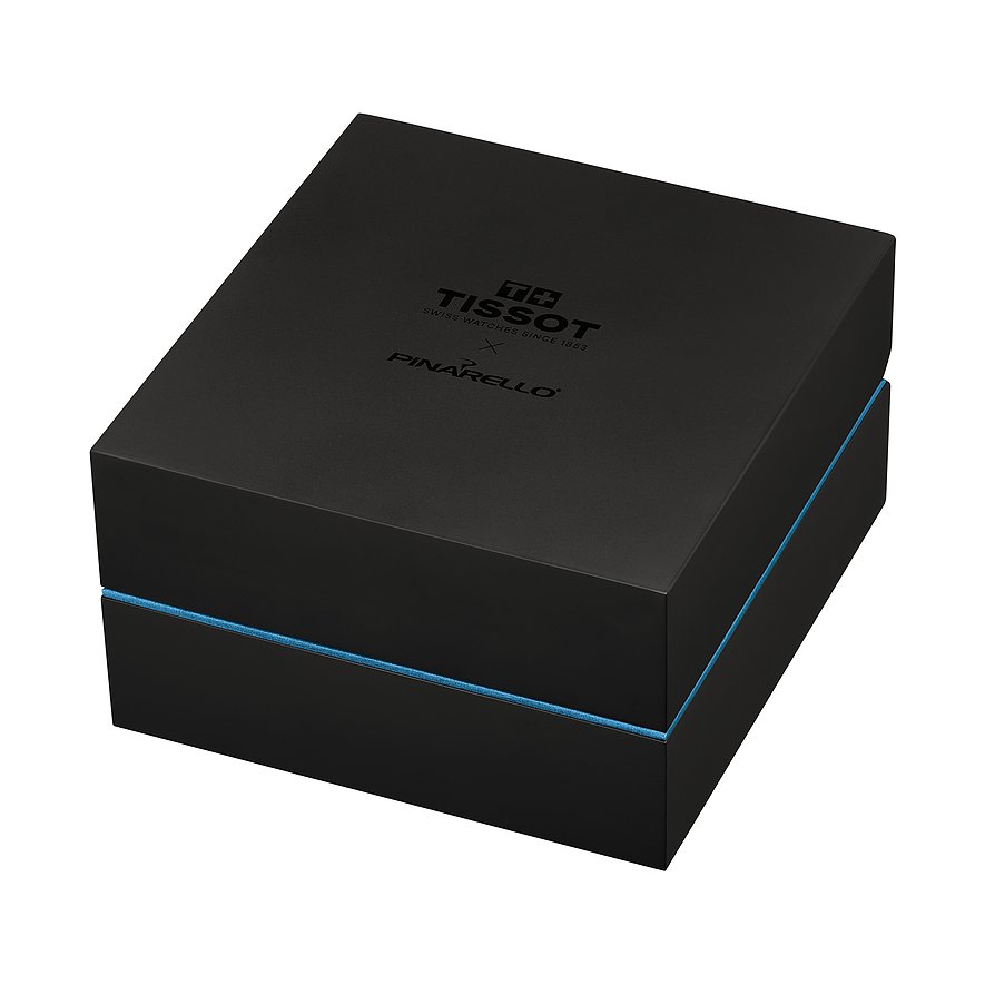 Schwarze Tissot Uhrenbox mit Pinarello-Branding auf dem Deckel und einem blauen Streifen dazwischen.