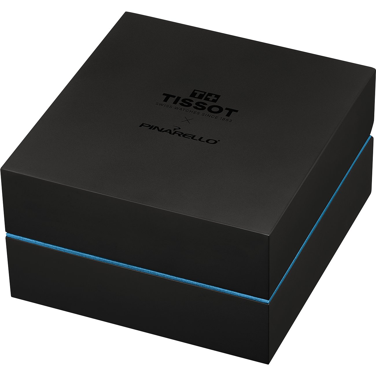 Schwarze Tissot Uhrenbox mit Pinarello-Branding auf dem Deckel und einem blauen Streifen dazwischen.