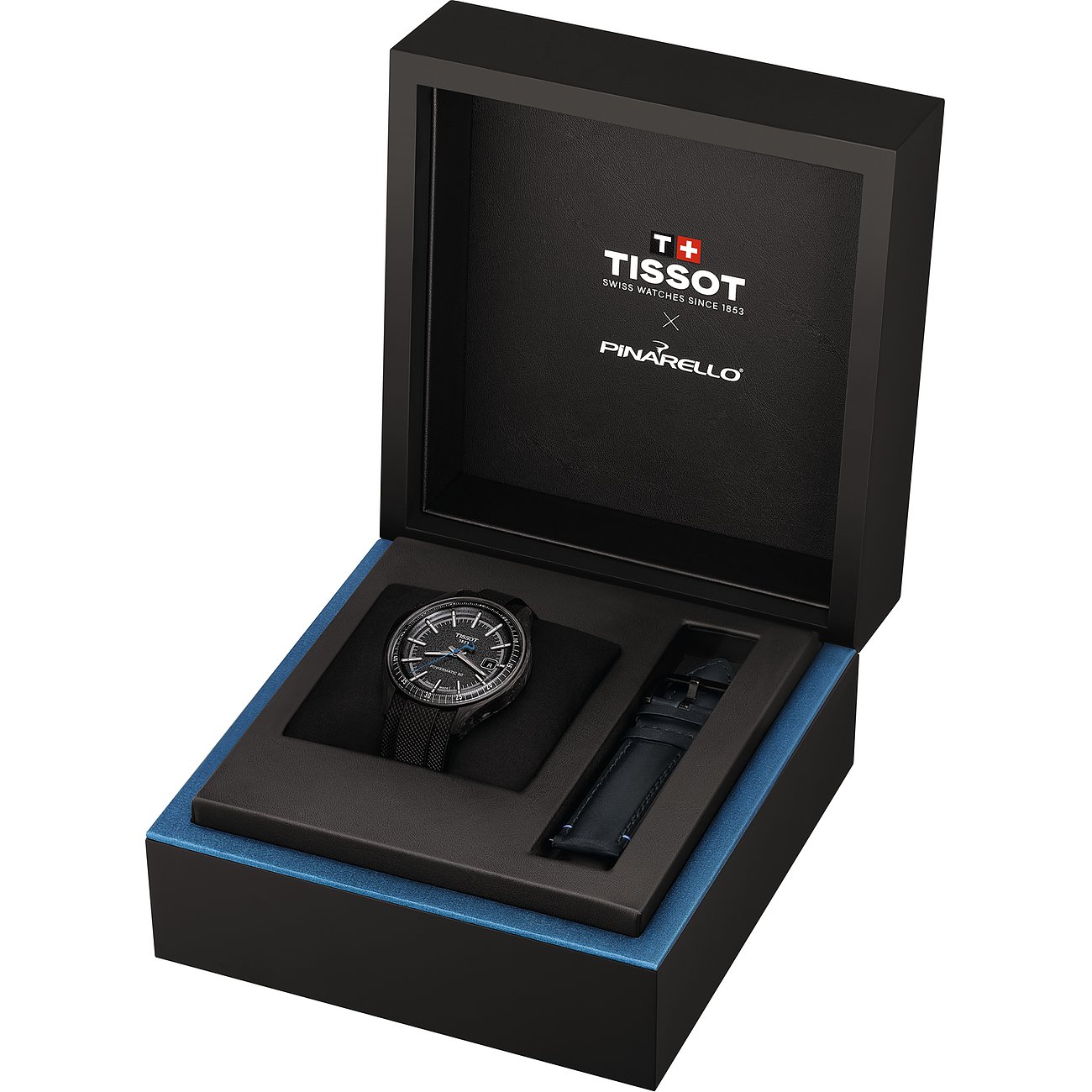Die Tissot Herrenuhr aus Edelstahl in einer offenen Geschenkbox liegend, mit einem zusätzlichen Armband.