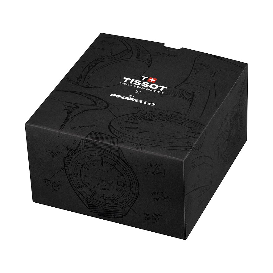 Schwarze Tissot Geschenkbox mit Skizzen einer Herrenuhr und 