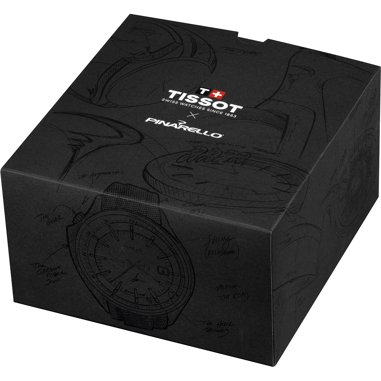Schwarze Tissot Geschenkbox mit Skizzen einer Herrenuhr und 